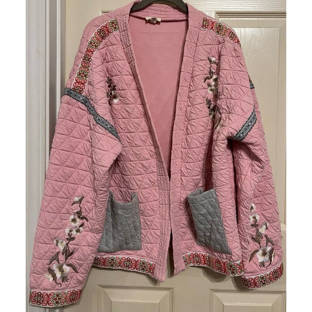 POL Clothing Embroidered Quilted Floral Open Front Jacket Pink UWJ15 Medium